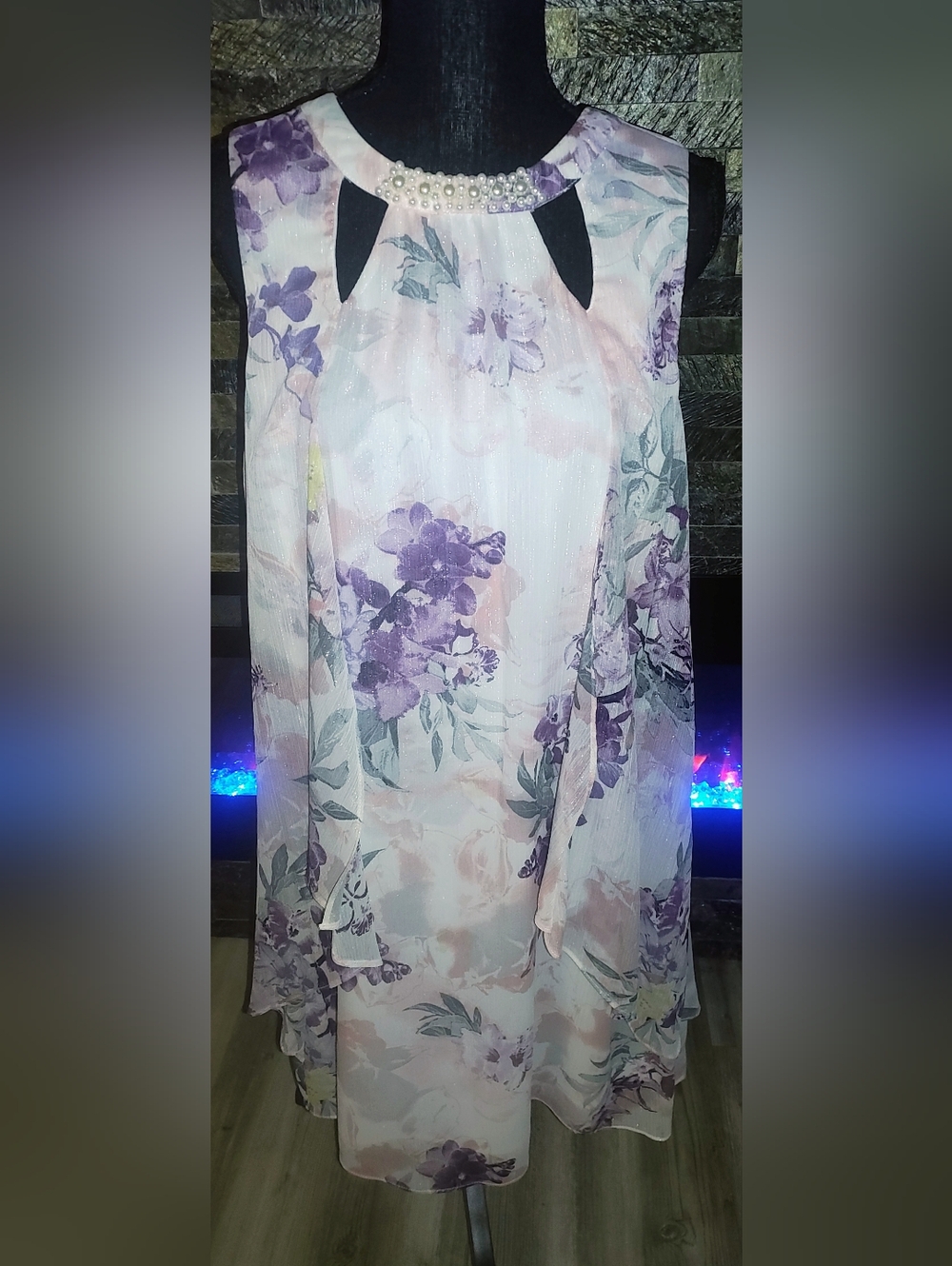 Floral Purple & Pink Chiffon Dress Size M/L
